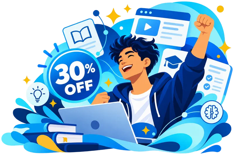 30% OFF online courses — student cheering at a laptop, with a course video, books and a graduation cap