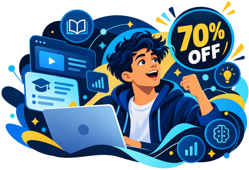 70% OFF online courses — excited student at a laptop, with a course video, a certificate and a progress chart