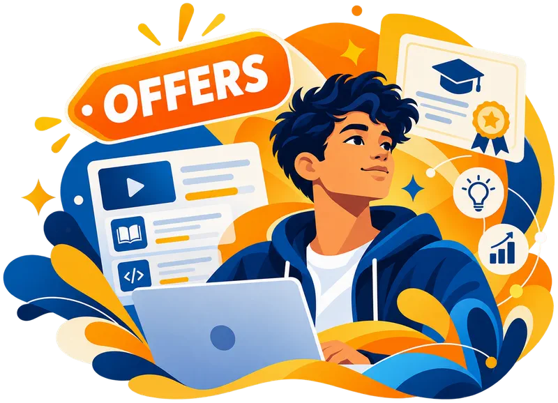 All offers — smiling student at a laptop beside an Offers tag, a course video and a certificate